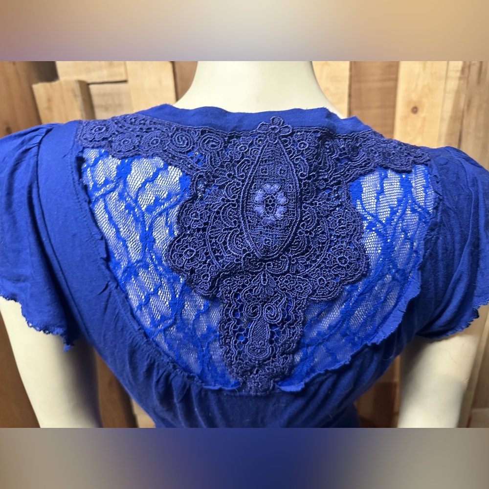 Free People royal blue flutter sleeve embroidered tie front top